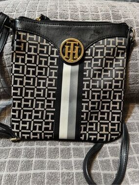 Tommy Hilfiger Black & White Monogram Stripe Crossbody Bag